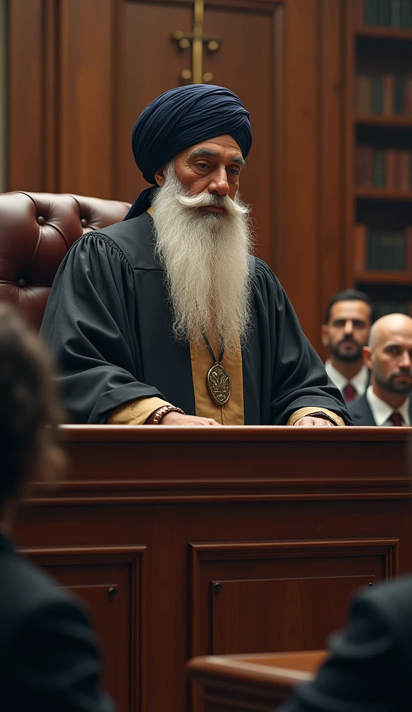 In a dignified and solemn courtroom, an Amritdhari Sikh judge, wearing a traditional turban and flowing white beard, presides over the proceedings from the judge’s bench. He is dressed in judicial robes, with the distinctive Kara on his wrist and a sense of calm authority in his expression. The courtroom is well-lit, with wooden furnishings and legal books lining the walls. Lawyers and attendees sit attentively, with the atmosphere reflecting the seriousness and respect for justice. The scene emphasizes the judge’s role in upholding the law, with his faith and identity proudly represented