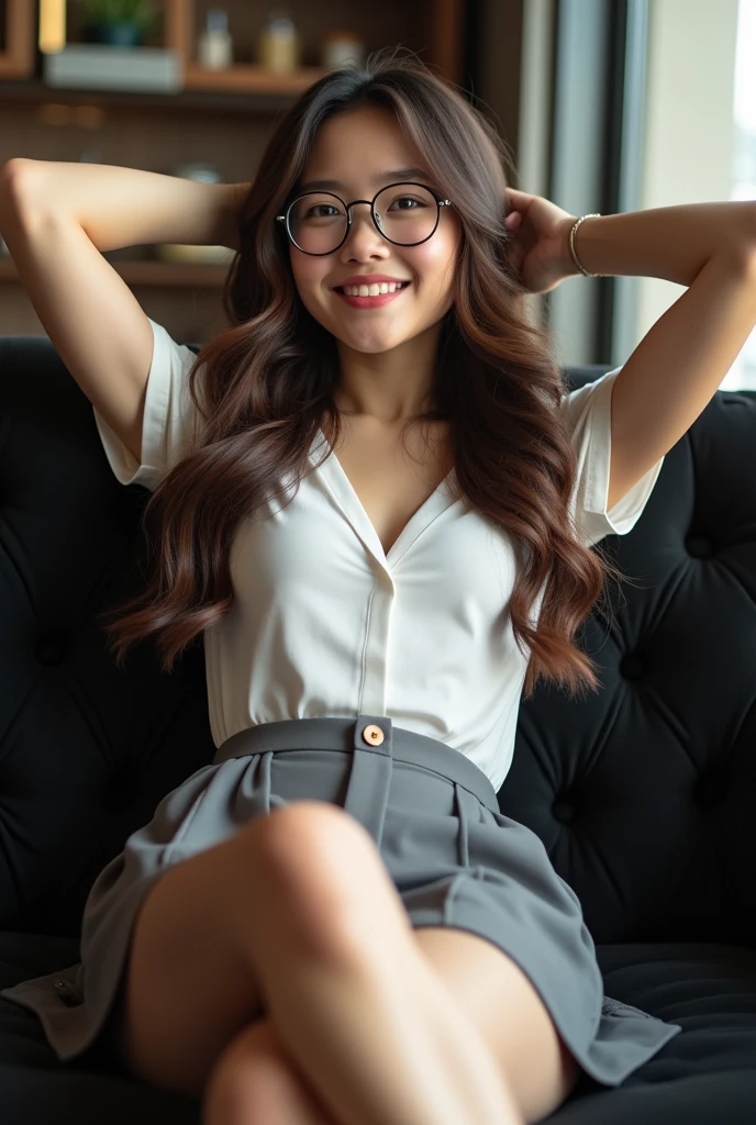 ((best quality, 8k, masterpiece: 1.3)), Beautiful exotic indonesian girl, Pure, Melon seed face, Kind and cute, A faint smile, Pure desire, Slender figure, (front), (tilted head), long curly brown hair, The wind blows the hair, long flowing shoulders, Big, round, black eyes, Round glasses, Clear big eyes, moist red lips, Sweet, Lying with legs spread on comfortable black sofa in cafe, Blurred background, Bright lights, open mouth, pleading eyes, ((((whole body)))), sexy and slender, small firm breasts, Lift up your skirt, ((Slim muscular body)), (M legs:1.5), ((Lift up your skirt:1.5)), Wearing a white short-sleeved stand-collar shirt, (cardigan:1.3), Gray plated pencil miniskirt, Miniskirt white panties, tilted head, (raise arms, arms above head), (((focus on her legs)))