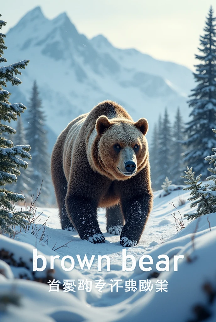 Photo of brown bear patrolling snowy mountains, large body, coniferous forest in background, snow falling, walking toward camera, a poster for a documentary film, with the words "Brown Bear”written in large letters on the screen, ((masterpiece, highest quality, Highest image quality, High resolution, photorealistic, Raw photo, 8K)), ((Extremely detailed CG unified 8k wallpaper)),