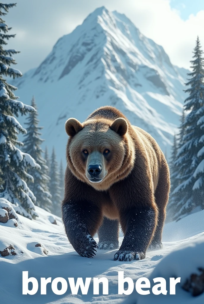 Photo of brown bear patrolling snowy mountains, large body, coniferous forest in background, snow falling, walking toward camera, a poster for a documentary film, with the words "Brown Bear”written in large letters on the screen, ((masterpiece, highest quality, Highest image quality, High resolution, photorealistic, Raw photo, 8K)), ((Extremely detailed CG unified 8k wallpaper)),