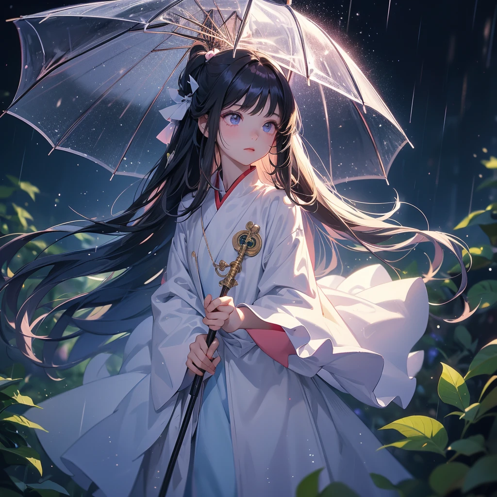 A chibi child girl had a small face and Wearing white little Taoist priest's outfit. A pair of big round eyes shone with curiosity about him. This child was so cute, Background is a dark moonless night, with dry trees in the background, and purple glowing light

Stand holding an umbrella to protect from the rain. Rain fell and splashed around. There are water droplets falling on the leaves in the surrounding area, green and moist, the atmosphere after rain.