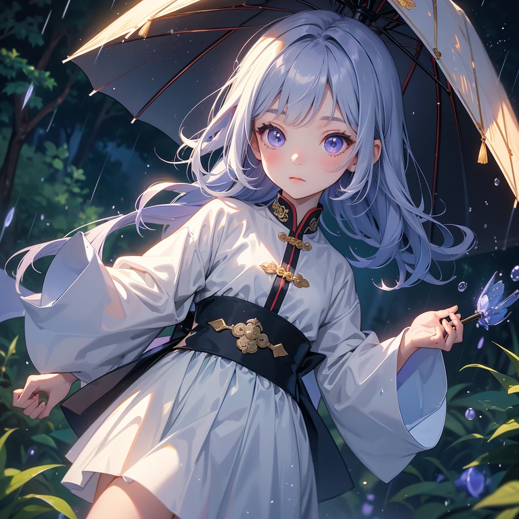 A chibi child girl had a small face and Wearing white little Taoist priest's outfit. A pair of big round eyes shone with curiosity about him. This child was so cute, Background is a dark moonless night, with dry trees in the background, and purple glowing light
Stand holding an umbrella to protect from the rain. Rain fell and splashed around. There are water droplets falling on the leaves in the surrounding area, green and moist, the atmosphere after rain.