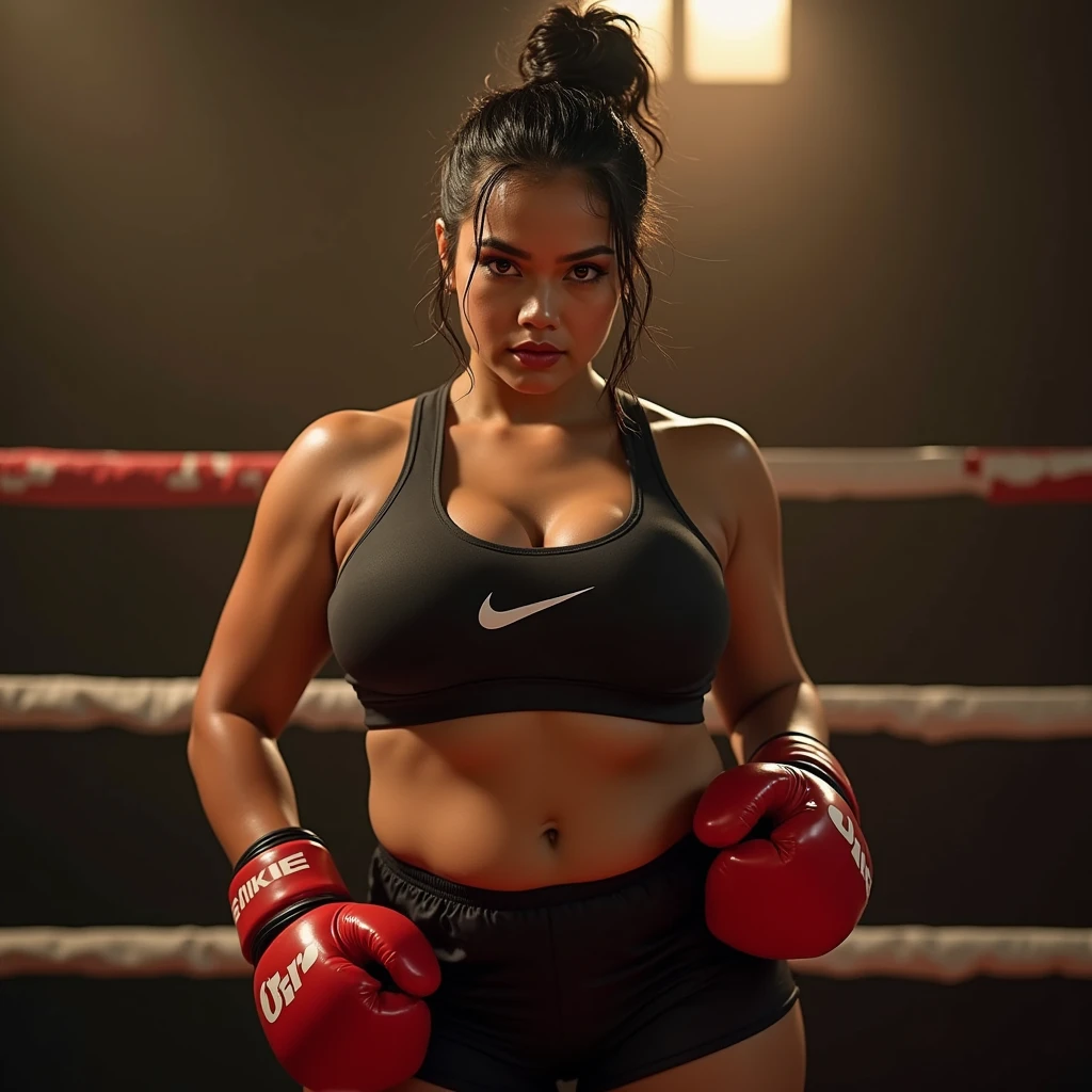 A beautiful indonesian woman,plump muscular body, wet tied hair , sweaty skin, wear nike sportwear and shorts, huge breasts, sensual expression, wear boxing gloves, fighting pose, in the boxing ring, look at the viewer, cinematic light, realistic photography, wide angle shot, detailed facial features, intricate clothing folds, soft lighting, warm color tone, bathroom, photorealistic, cinematic composition, high quality, 8k, masterpiece