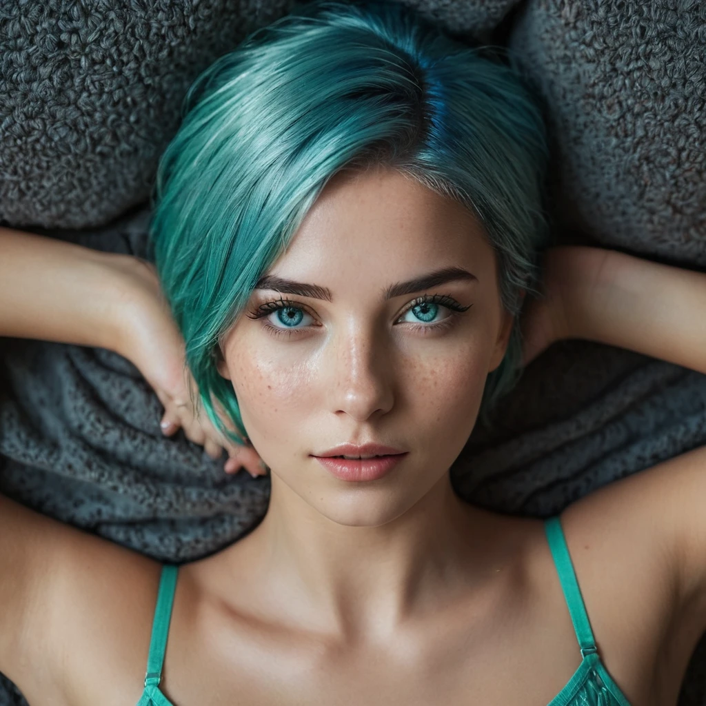 (Best quality), ((artistic realization)), (ultra detailed), Woman 20 Years Old Nordic Ethnicity, Short blue hair with a perfect face and light freckles, Blue-Green Eyes (makeup) , a slim body, (narrow hips). (She is lying on her back, (((coffee)))  cups around, view from above, close-up), Dark atmosphere of the frame, (ultra detailed), ((photorealistic)), ((Color palette - turquoise, neon green, yellow shades))