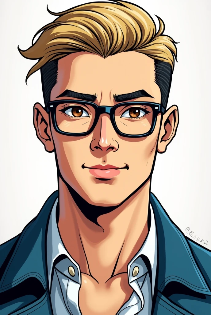 Style manga, homme 38 ans blanc chic, short hair shaved on the sides. Brown eyes, dark blonde hair. Taches vitiligo sur le visage, il sourit et ses yeux pétillent. Dressed in a slightly open shirt and a blue jacket. Black rounded square glasses. Hair slicked back 