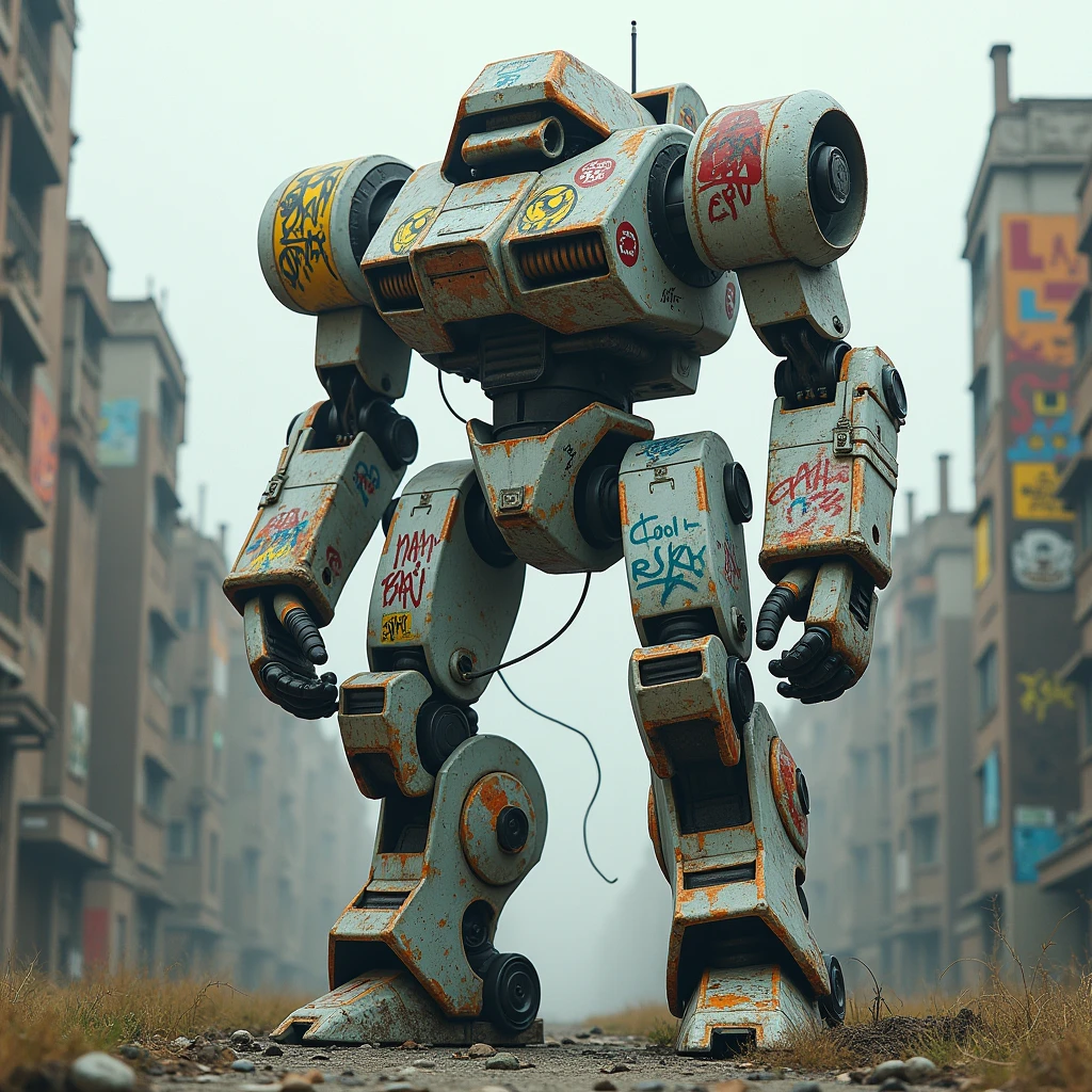 A giant mecha, covered in graffiti and battle scars, stands in an abandoned city. The mecha has an intricate design with biomechanical details, and his posture conveys a mixture of melancholy and vigilance.