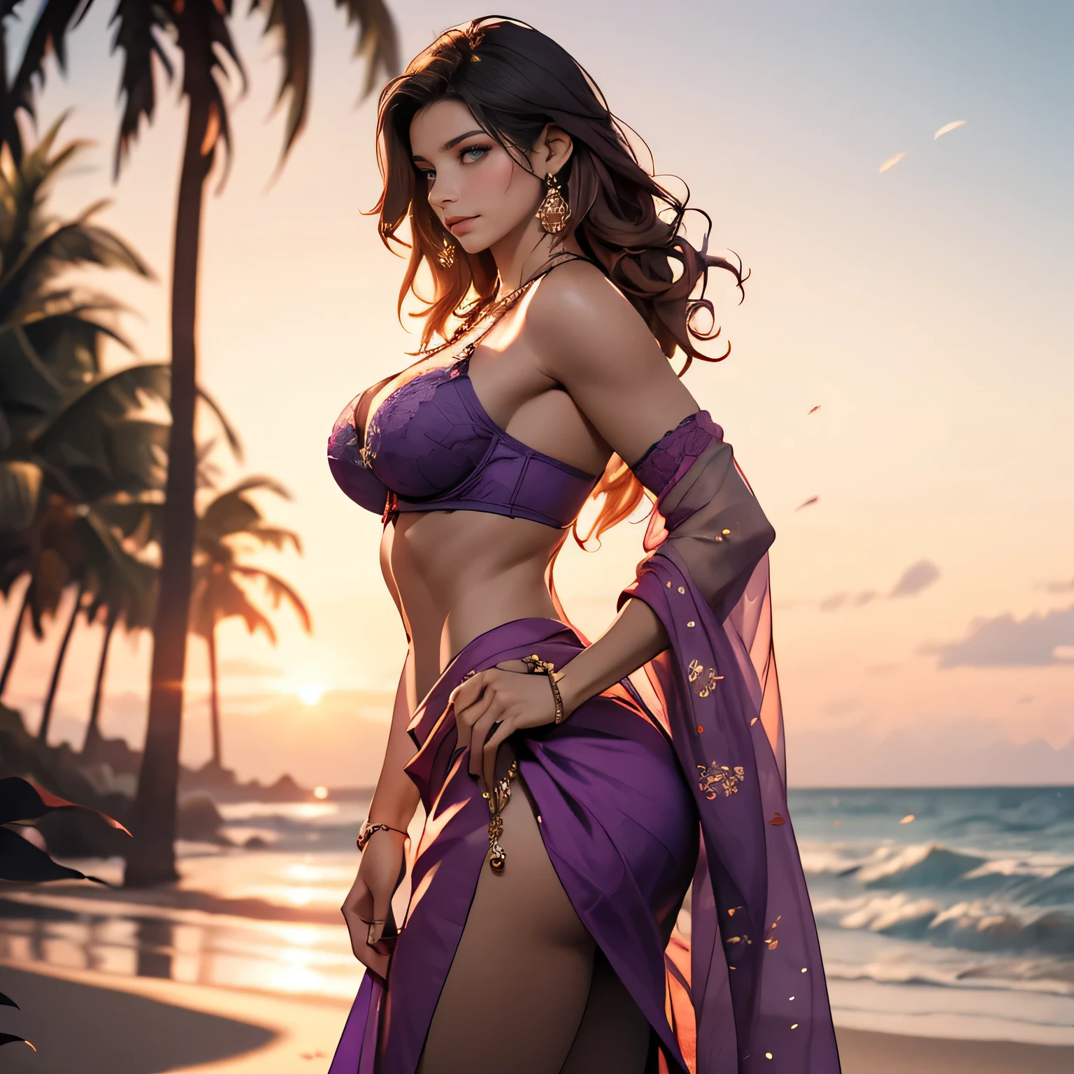 1 Pretty Caucasian (female), Sarah Shahi, a slim but muscular body, huge breasts, brown messy hair, blue eyes, (wearing purple saree and bra), full body, busty body, Beautiful mature woman, peerless beauty, Big breast, (super realistic), detailed skin texture, detailed cloth texture, beautiful detailed face, intricate details, ultra detailed, look the viewer, wind hair, shining skin, the embodiment of grace and elegance, detailed eyes, detailed pupil, volumetric lighting, necklace, jewelry luxury, outdoor, ( at sunset), dynamic pose, ((on beach background)), ((front view)), (Best quality, A high resolution, Photorealistic, primitive, 8K,Masterpiece, ),Best quality, Masterpiec8K.hdr. High ribs:1.2, filmgrain, Blur bokeh:1.2, Lens flare, (vivd colour:1.2), (Delicate), exposed large cleavage, well exposed thighs.well exposed ass, view from side angle.