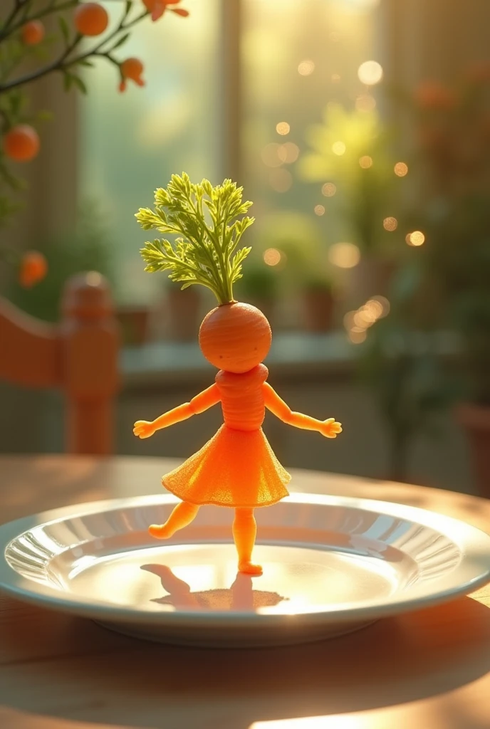 A whimsical miniature figure composed of delicately arranged carrot, poised in a carefree dance on the rim of a plate, white shiny plate, set on a table, vibrant bedroom backdrop, where dappled sunlight filters through the canopy above, casting intricate shadows. The overall aesthetic is ethereal, with warm, earthy tones of sienna, umber, infused with hints of emerald and golden light, evoking a sense of wonder and enchantment, as if plucked from a fantastical realm.