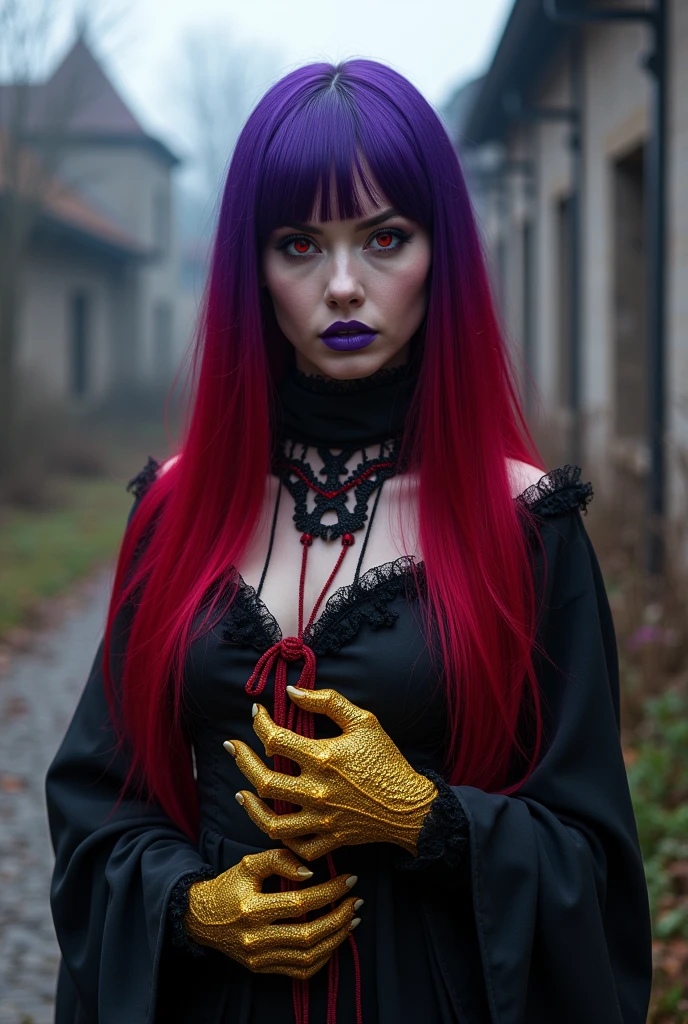 woman, jellyfish, (Medieval feudal period:1.1), Slavic appearance, (Long Straight Purple Hair Gradient Pro Red), (Red eyes), (Strong expression), Purple Lipstick, Fair skin, (Black gothic clothing with red details:1.1), Yellow scales on hands, Cinema Lighting, Mysterious atmosphere, Dynamic Focus, ultra Genuineity, ultra Genuineistic, super high quality, Genuine, Genuine texture:1.1, Genuineistic clothes:1.1, 8k Maniac,  Absurd,