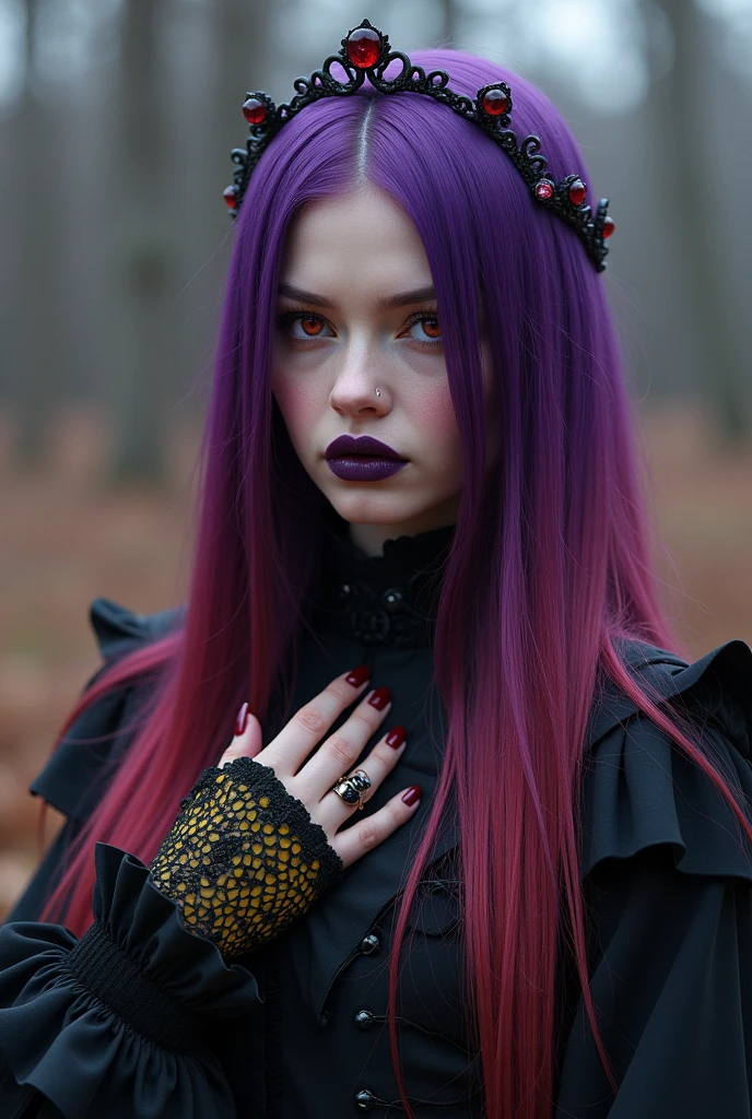 woman, jellyfish, (Medieval feudal period:1.1), Slavic appearance, (Long Straight Purple Hair Gradient Pro Red), (Red eyes), (Strong expression), Purple Lipstick, Fair skin, (Black gothic clothing with red details:1.1), Yellow scales on hands, Cinema Lighting, Mysterious atmosphere, Dynamic Focus, ultra Genuineity, ultra Genuineistic, super high quality, Genuine, Genuine texture:1.1, Genuineistic clothes:1.1, 8k Maniac, Absurd,