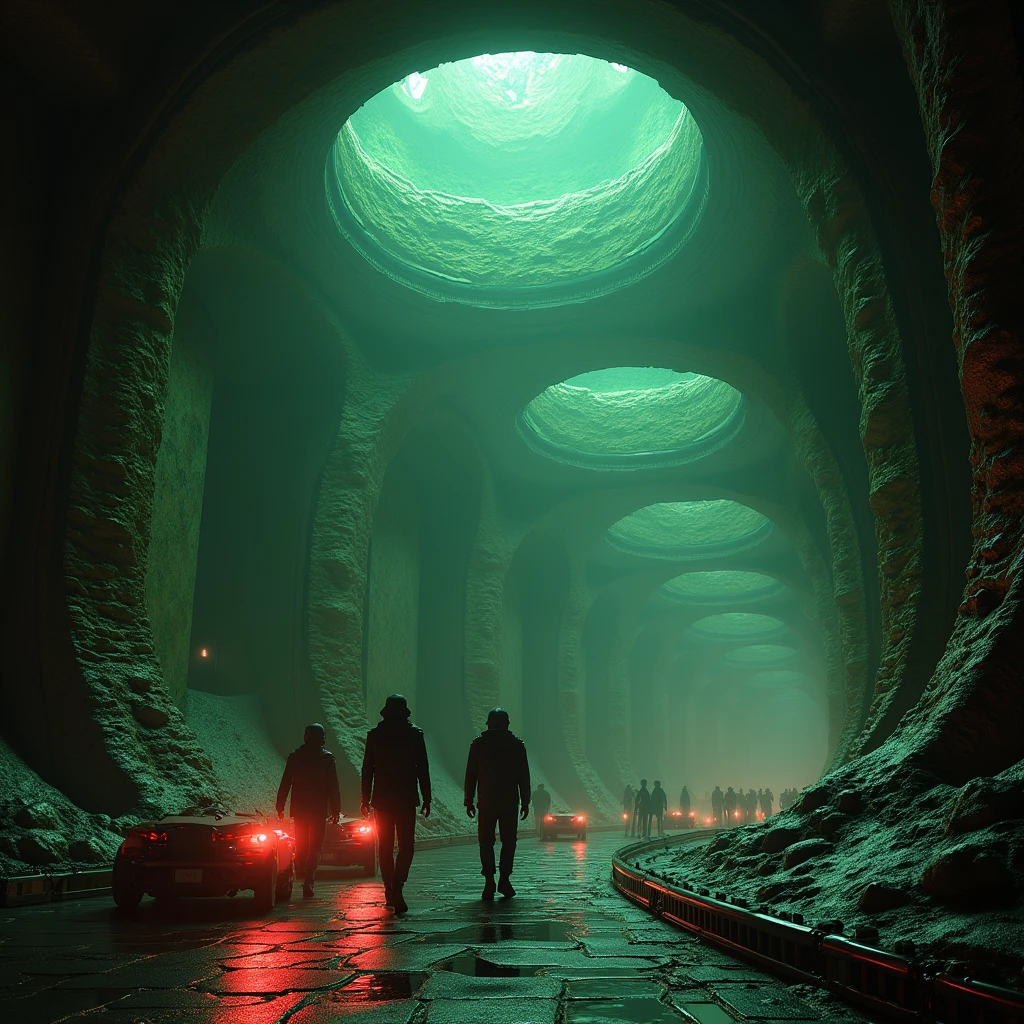 A futuristic labyrinth whose walls appear to be made of living tissue mixed with metal. The lights flicker in green and red hues, creating an atmosphere of tension. At the bottom, Mechanical figures can be seen patrolling the winding corridors.