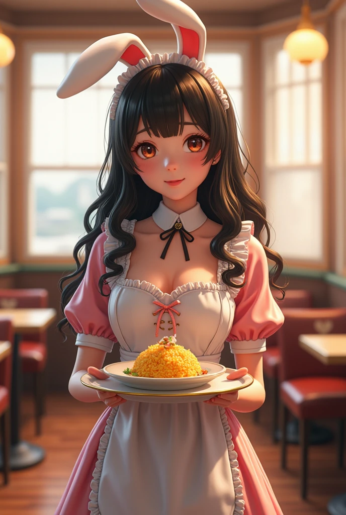 Bunny Girl Costume、(Realistic:1.3), In detail, quality, Rembrandt Lighting, (masterpiece:1.2), (photoRealistic:1.2), (best quality), (Detailed skin:1.3), (Intricate details), dramatic, Ray Tracing, One girl, Japanese, 2, Detailed skin texture, (blush:0.5), (It gives me goosebumps:0.5), Scattered beneath the surface, smile, Happy, Medium chest, Long Curly Hair, Parted bangs, maid_dress, Omelette rice, Food on the tray, Holding Tray, whole body, (maid cafe, Cute ornament, A bright and cozy cafe),