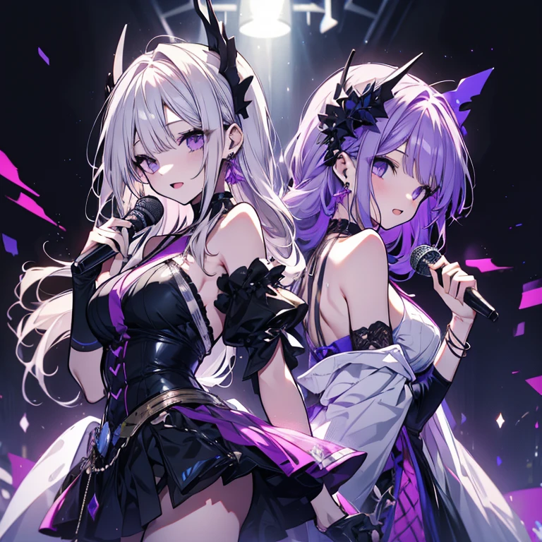 2 people、Mature、Ample breasts、Long Hair、White Hair Girl、Purple Hair、Idol Group、2 people組み、Diva、Open Mouth、sing、Back to Back、Turn your backs on each other、Live Stage、Black costume、Shoulder Bare、Miniskirt、choker、Earrings、bracelet、Hold the microphone、Galaxy Knight、High resolution、Highest quality