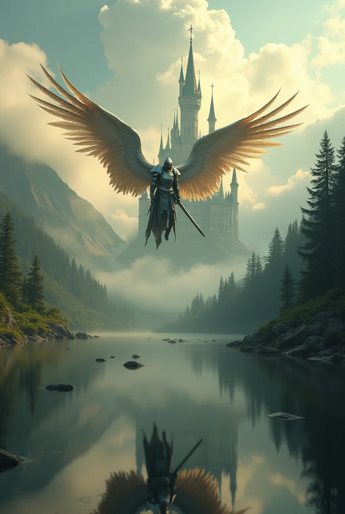 Create an ultra-realistic cinematic sky image, with trees lake also insert a castle in the clouds is to place a knight in armor holding a sword,with angel wings flying towards the castle that is in the sky with many clouds fantasy magical with blur background with a 50mm lens warm colors