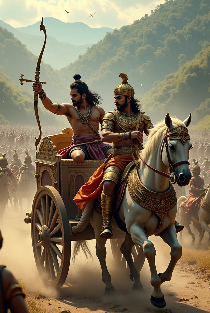 Shree Krishna driving Chariot, and Arjun with bow and arrow to aim