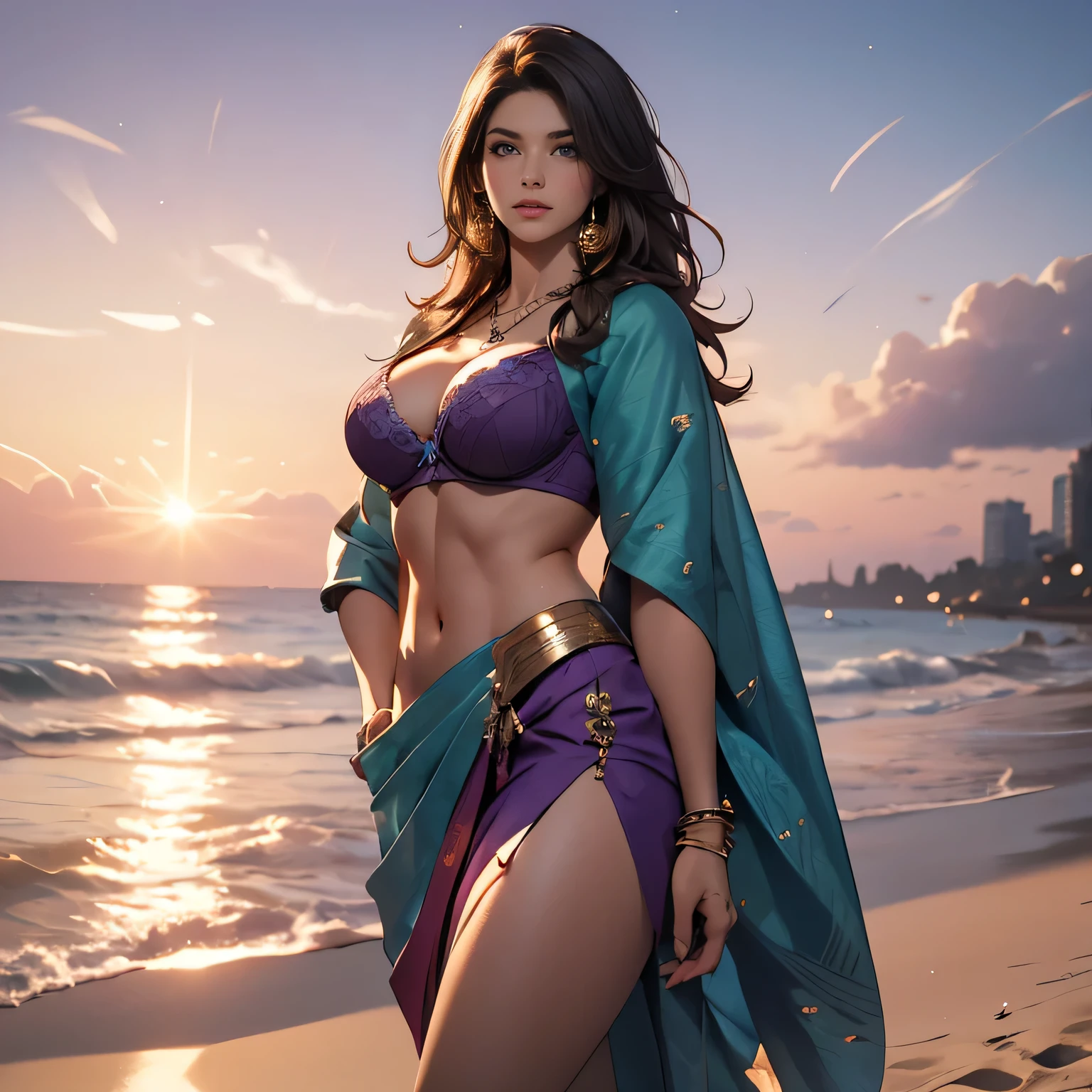 1 Pretty Caucasian (female), Sarah Shahi, a slim but muscular body, huge breasts, brown messy hair, blue eyes, (wearing purple saree and bra), full body, busty body, Beautiful mature woman, peerless beauty, Big breast, (super realistic), detailed skin texture, detailed cloth texture, beautiful detailed face, intricate details, ultra detailed, look the viewer, wind hair, shining skin, the embodiment of grace and elegance, detailed eyes, detailed pupil, volumetric lighting, necklace, jewelry luxury, outdoor, ( at sunset), dynamic pose, ((on beach background)), ((front view)), (Best quality, A high resolution, Photorealistic, primitive, 8K,Masterpiece, ),Best quality, Masterpiec8K.hdr. High ribs:1.2, filmgrain, Blur bokeh:1.2, Lens flare, (vivd colour:1.2), (Delicate), exposed large cleavage, exposed thighs.