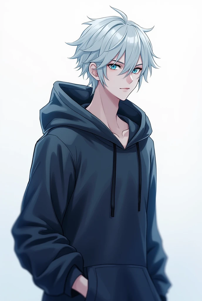 male,cool,male子,Her hair is white and short.,Light blue eyes,Wearing hooded clothing,Background is white,