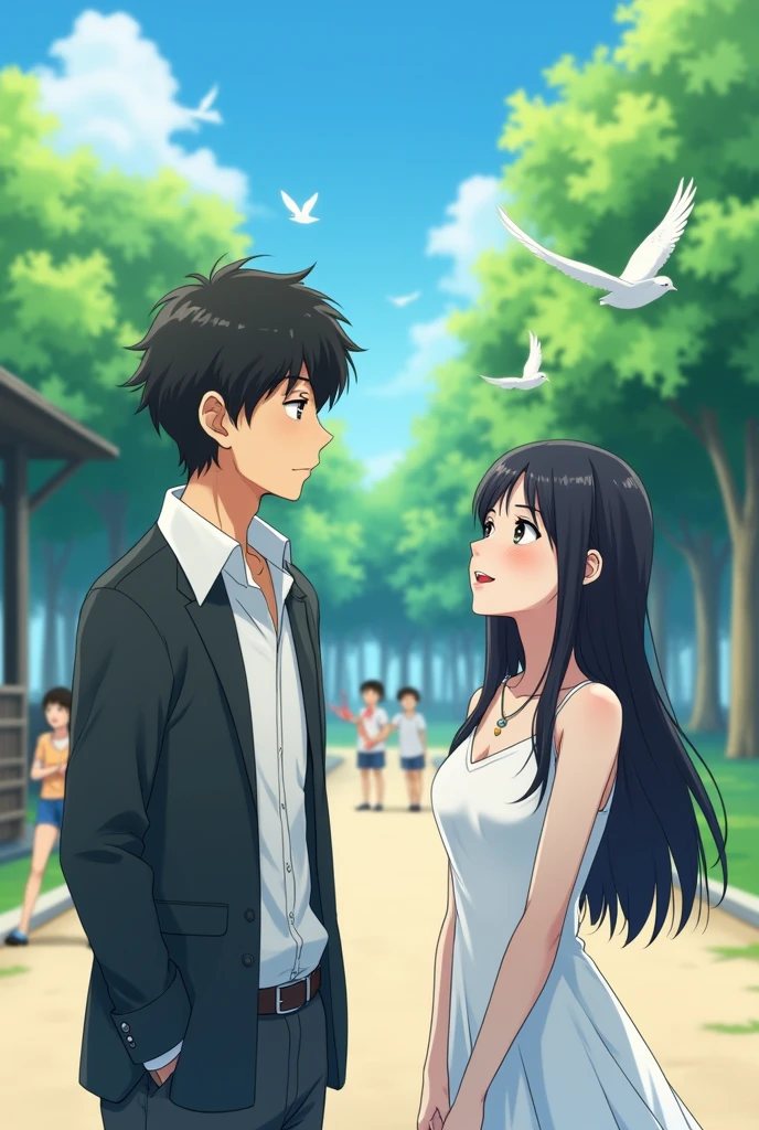 Anime-style. Shot Type: Medium shot. Description: Yuki looks up at Hiroshi with a gentle smile, but he seems distracted, looking ahead. Background: The park is lively, with birds chirping and children playing. Yuki(, Japanese. She has long, straight black hair, fair skin, and soft, delicate features. She typically wears a simple white dress, symbolizing purity and care, with a small silver necklace given by her boyfriend. She has a gentle and caring demeanor).
Hiroshi(, Japanese. He has short, messy black hair, and a strong jawline. He often wears a school uniform consisting of a white shirt and a dark jacket, giving off a relaxed but slightly indifferent attitude).