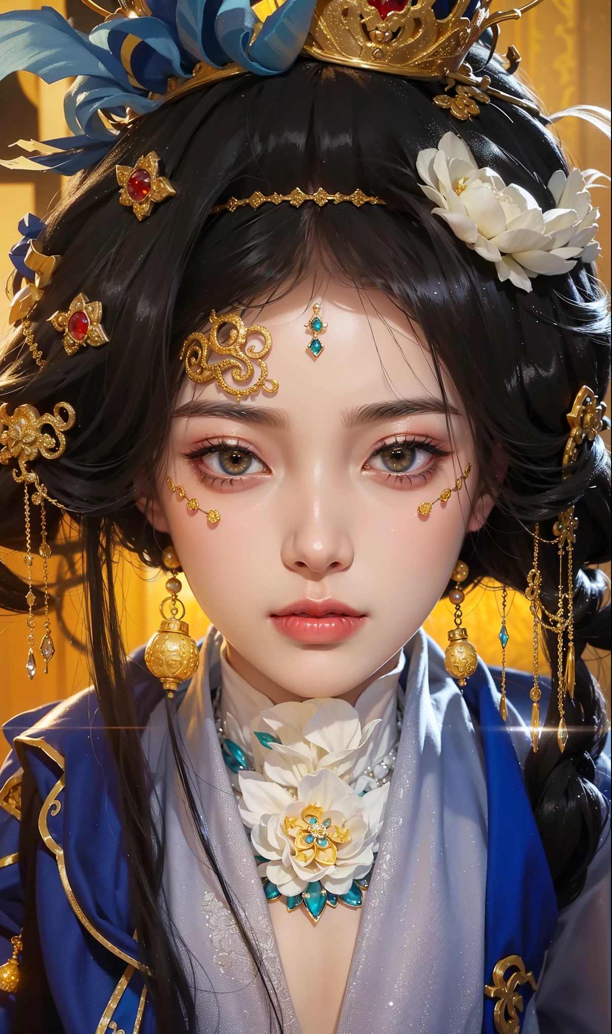 Royal sisters，Exquisite eyes，Frozen Queen，Put the crown on your head，Detailed facial expressions body，Tall and big，Glamorous characters，Leg length，4K，HD，Sensual，White translucent lace，白皙full image，Little cherry mouth，Beautiful and lovely，full image，Glossy Gel Coat，Vampire Queen in luxurious robes，Have a tattoo(Intricate tattoo designs)，Ice Princess，Rich facial details，Gold diamonds，Luxurious and exquisite jewelry，Lace Printed Silk Dress，Empress Wu Zetian wearing the most luxurious Chinese crown(Dragon head crown)