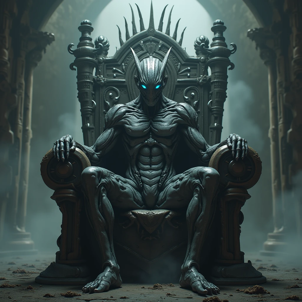 An alien king sits on a throne built from bones and machine parts, in a dark and foggy throne room. His eyes shine brightly, and her skin has a metallic tone, with scars that tell stories of epic battles.