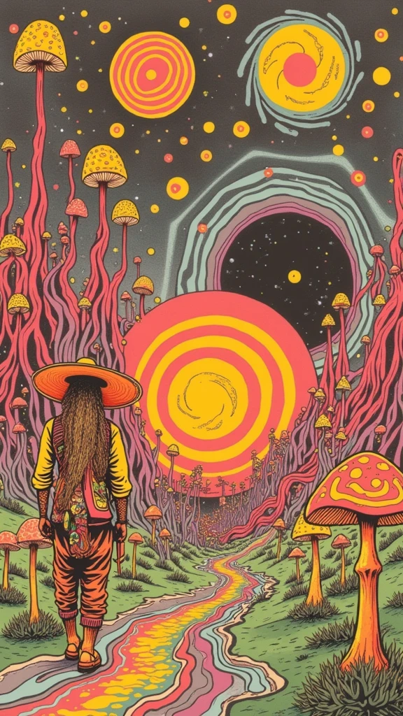 Retro,Old,Printmaking style,Surrealism,Dark black background with various psychedelic mushroom flower elements,A hippie with a giant rainbow-colored swirling black hole next to him