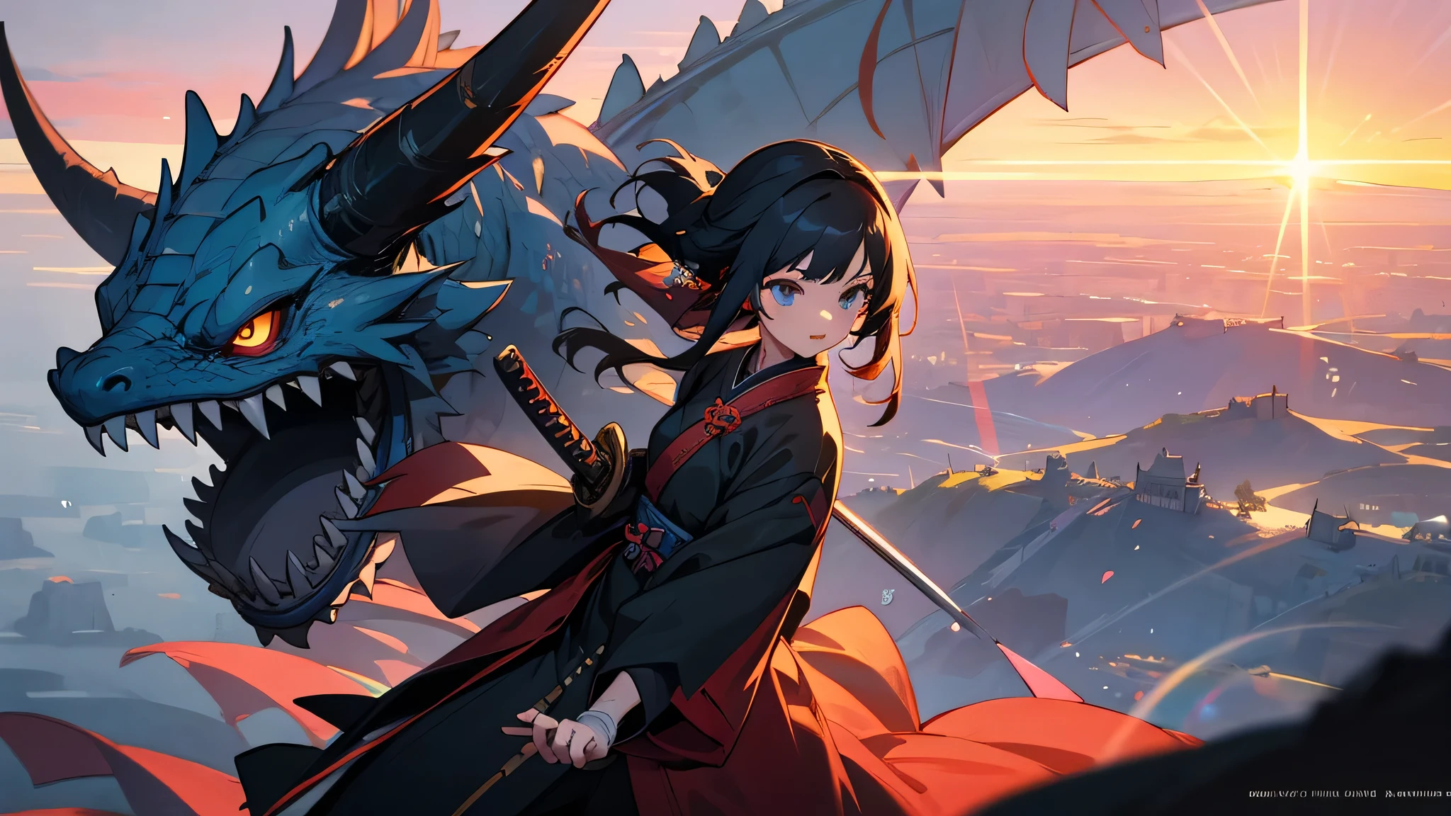 score up_9,score up_8,score up_7,source_anime,masterpiece,best quality,super fine illustration,super detailed,8k,retoro,fantasy,BREAK 1 girl,perfect hands,perfect fingers,blue coat,samurai,holding_katana,BREAK around DRAGON,detailed DRAGON,BREAK battlefield,sunset,background,(LoRa:0.3)