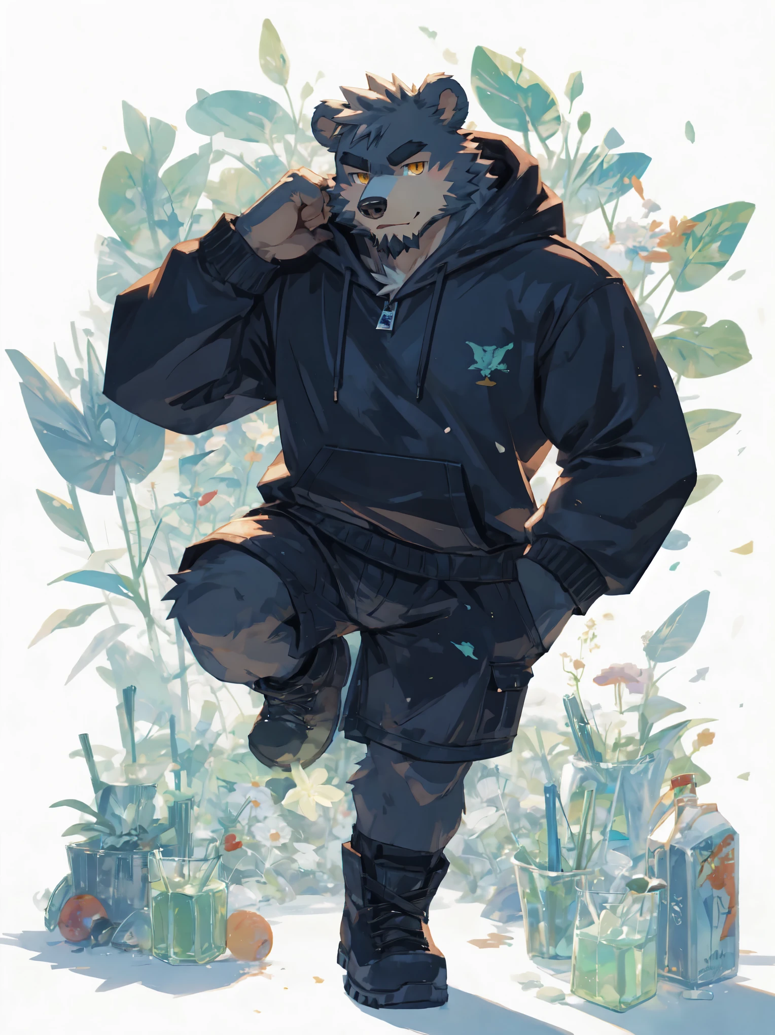 (masterpiece:1.2), best quality,pixiv,official art,perfect anatomy, (Ray tracing, light),solo, (1_male:1.3) , (muscle), (grey fur:1.4), (muscle bear), (beard:1.2), (gleaming golden eyes), bear tail, full body, Thick black eyebrows,(open short hoodie), (naked inside:1.2),cargo shorts, black short boots,(pure white background: 1.3), mint, ice , glass, soda, fresh