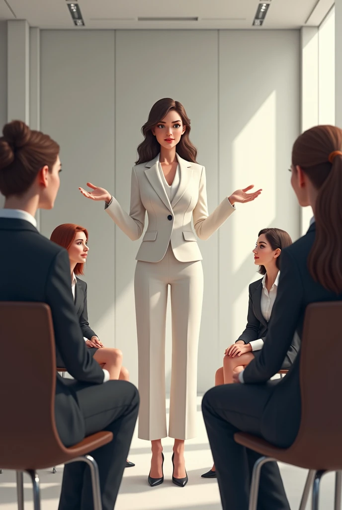 1 lady in white suit stand and convey something and 5 ladies sit in the room in ruler areas