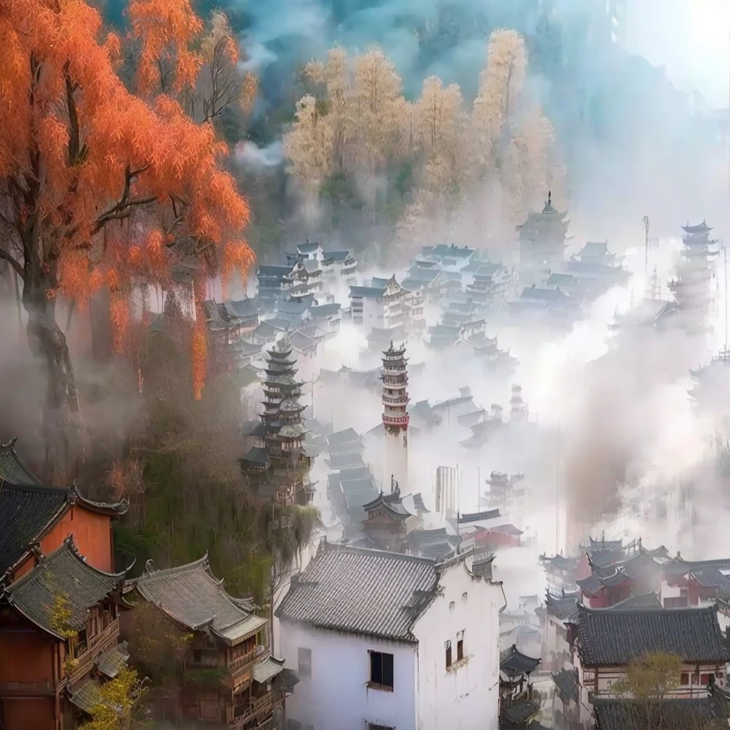 Thick smoke billowing from the chimneys in the village, Dreamy Chinatown, China Village, ancient City of white stone, Chiba Yudai, (mist), City, Taoist Temples in Huangshan, Sichuan, Guangjian, nanquan, Beautiful images, Ghost Festival, mist below buildings