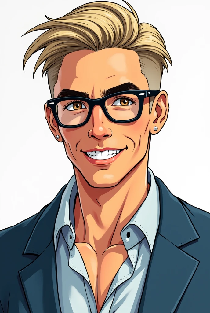 Style manga, homme 38 ans blanc chic, short hair shaved on the sides. Brown eyes, dark blonde hair. Taches sur le visage, il sourit et ses yeux pétillent. Dressed in a slightly open shirt and a blue jacket. Black rounded square glasses. Hair slicked back
