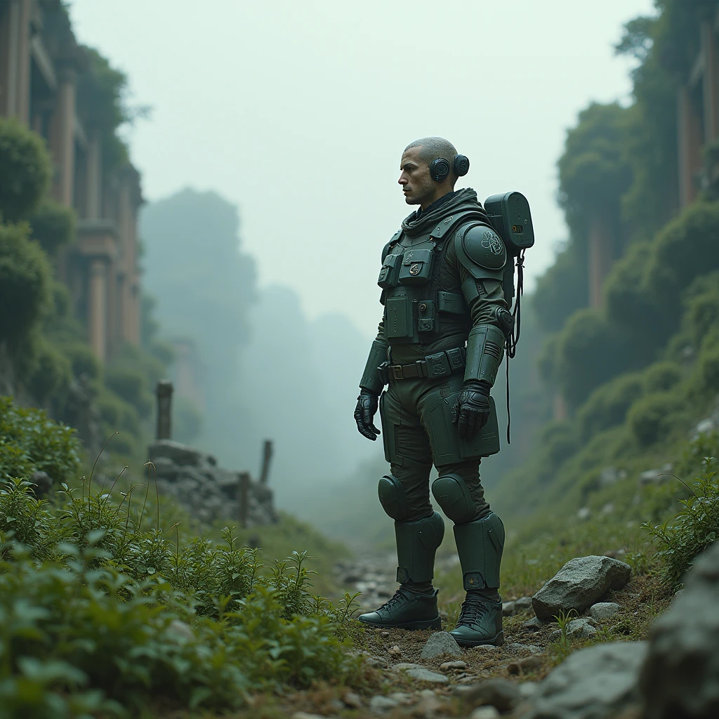 A soldier with biotechnological implants, wearing a worn and scarred uniform, It is located in the middle of a devastated landscape. His expression is serious, while examining his surroundings, where the ruins of an advanced civilization are covered by vegetation