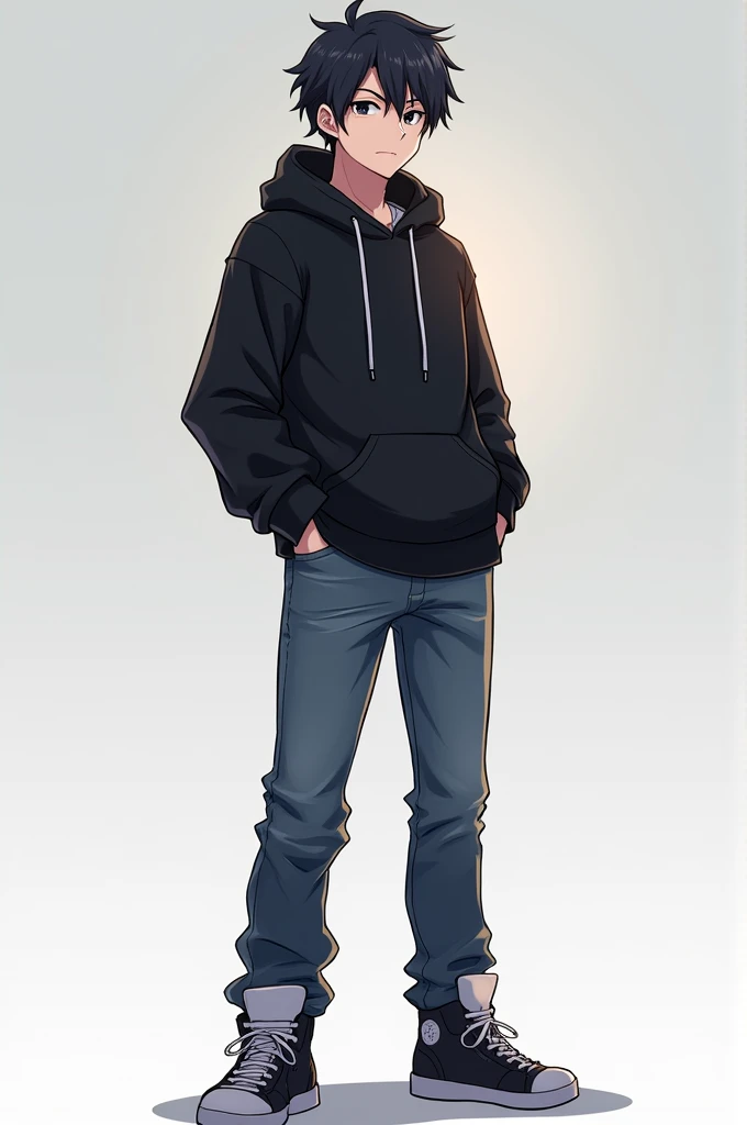 A anime character with a youthful and fit appearance, standing confidently in a full-body pose. He is wearing a black hoodie with the hood down, paired with casual jeans and sneakers. The character has short, messy hair, sharp eyes, and a determined expression. The background is simple, with soft lighting that emphasizes his cool and laid-back style