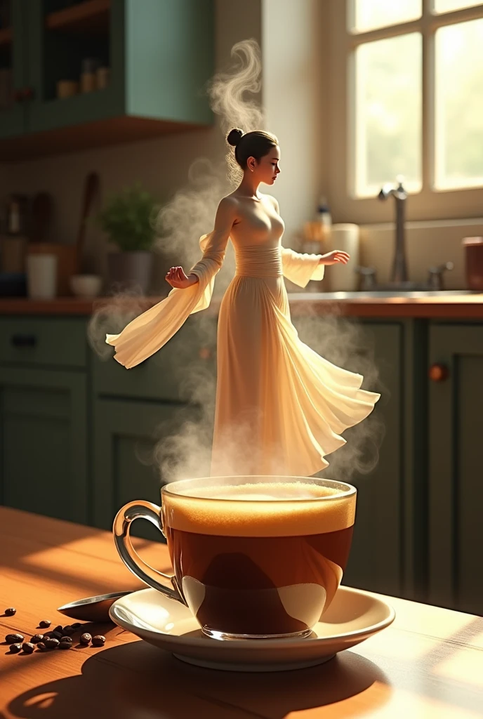 One hand holds a clear glass coffee cup, with coffee beans and a spoon scattered on the floor. The steam rising from the hot coffee artistically transforms into the vaporous shape of a woman dressed in traditional Thai clothing who appears to be dancing. Behind her, what appears to be a kitchen counter is visible.