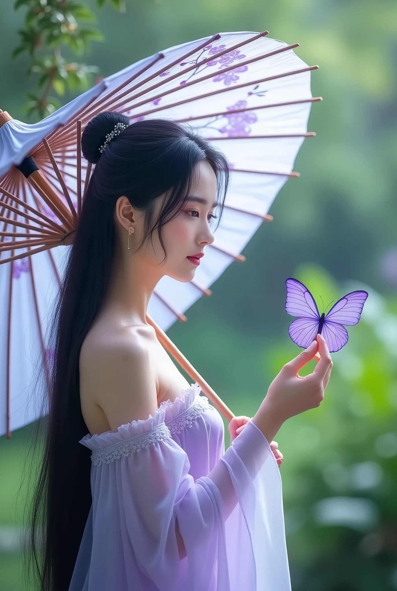 Bức ảnh này cho thấy một cô gái trẻ trong trang phục truyền thống Trung Quốc, have old style. She held a large umbrella decorated with a light purple floral pattern.. She has long black hair, tie one half and leave the other half loose, with a few small strands of hair falling across her face. Her outfit is mainly light purple., Delicate and sexy design with open shoulders and waist.

She is posing with a gentle purple butterfly perched on her finger., brings a sense of dreaminess and fantasy. The background of the photo is a lush green garden., hòa quyện với màu sắc nhẹ nhàng của trang phục và phụ kiện, create a poetic and peaceful scene.