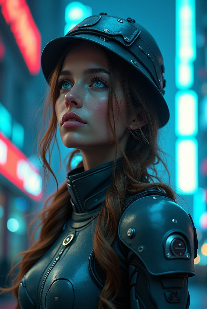 A beautiful girl looking up, wearing goggles, with blue eyes and brown hair, gauntlets, shoulder armor, and a hat, against a science fiction outdoor cityscape with neon lights, in a cyberpunk style, masterpiece, best quality, 4k, 8k, highres, ultra-detailed, realistic, photorealistic, HDR, studio lighting, physically-based rendering, vivid colors, bokeh