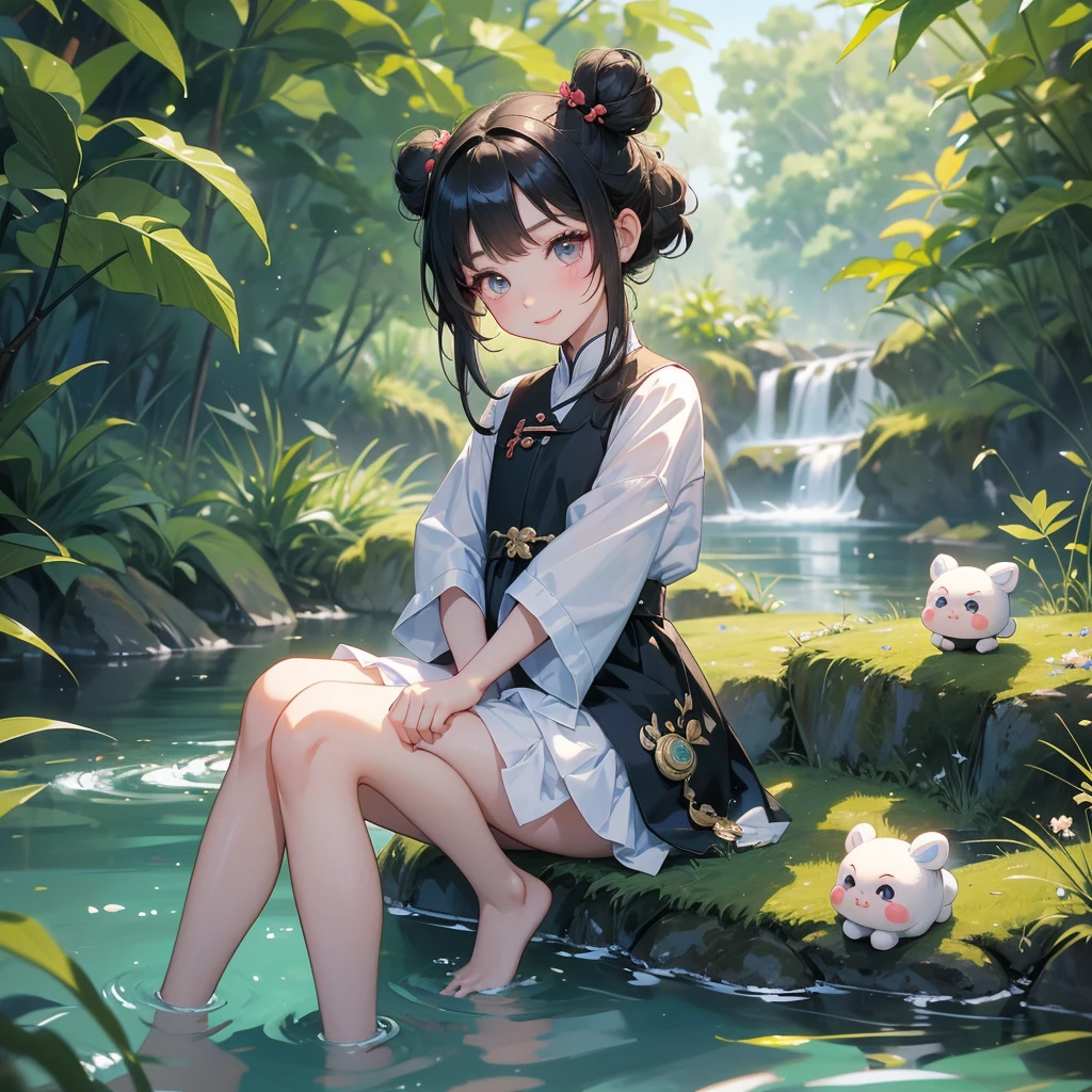 A chibi child girl had a small face and Wearing white little Taoist priest's outfit. A pair of big round eyes shone with curiosity about him. This child was so cute,her hair is black with two buns on her hair.small chibi, chibi baby, smiling ,Chibi.
Sitting fishing next to a green stream, a blue river full of fish. flowing slowly