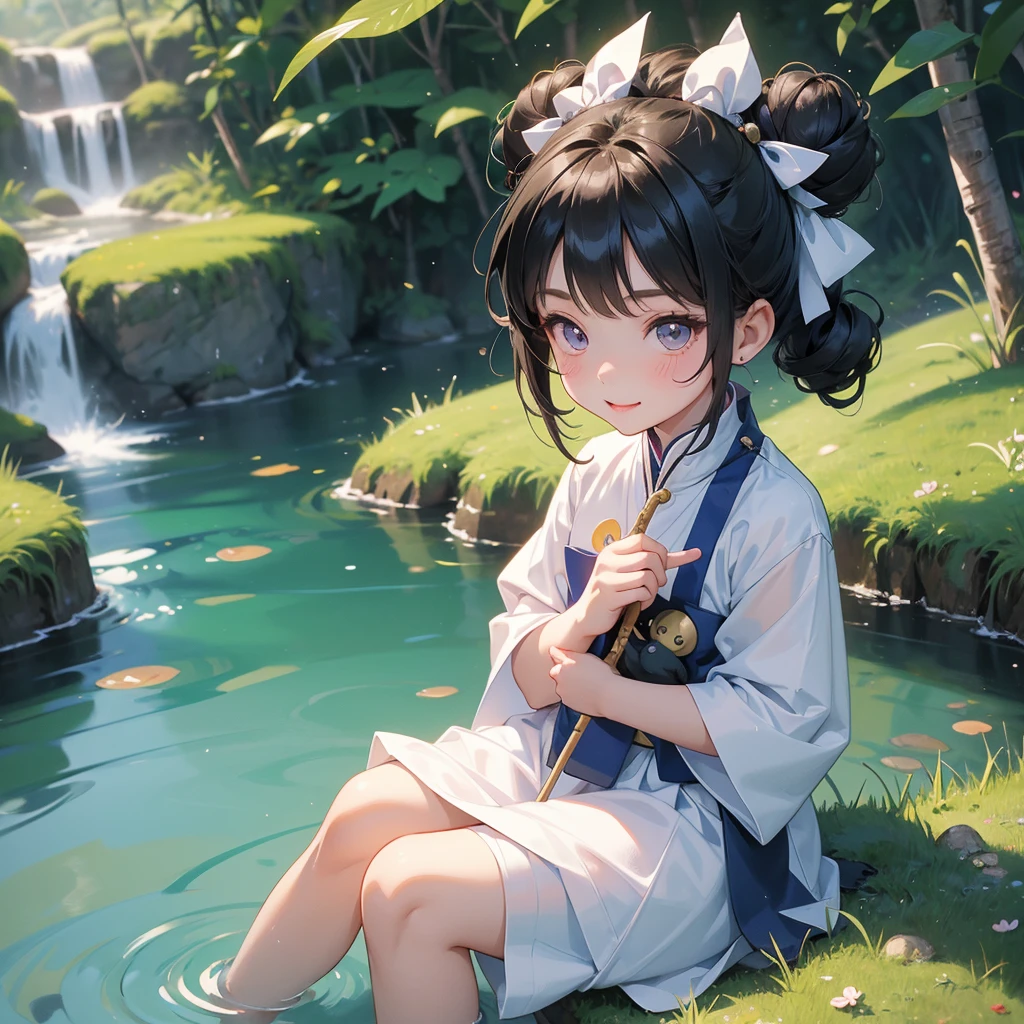 A chibi child girl had a small face and Wearing white little Taoist priest's outfit. A pair of big round eyes shone with curiosity about him. This child was so cute,her hair is black with two buns on her hair.small chibi, chibi baby, smiling ,Chibi.

Sitting fishing next to a green stream, a blue river full of fish. flowing slowly