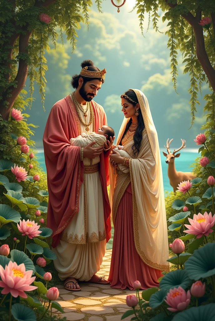 Indian king and queen with her newborn baby boy in the garden with lake flowers animals birds and her friends ..