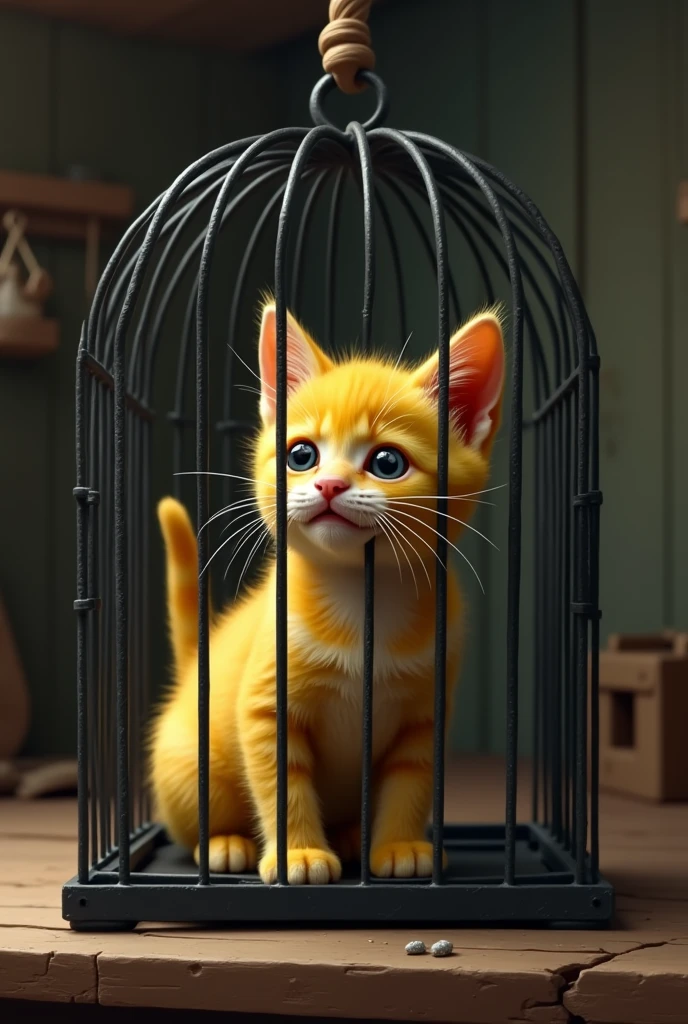 A yellow lemon kitten inside a black metal cage inside a farmer's house the cage is placed on a wooden table the yellow lemon kitten is crying with tears