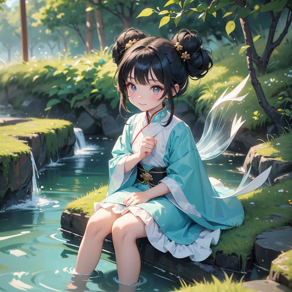 A chibi child girl had a small face and Wearing white little Taoist priest's outfit. A pair of big round eyes shone with curiosity about him. This child was so cute,her hair is black with two buns on her hair.small chibi, chibi baby, smiling ,Chibi.

Sitting fishing next to a green stream, a blue river full of fish. flowing slowly