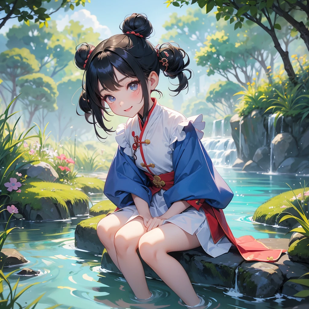 A chibi child girl had a small face and Wearing white little Taoist priest's outfit. A pair of big round eyes shone with curiosity about him. This child was so cute,her hair is black with two buns on her hair.small chibi, chibi baby, smiling ,Chibi.
Sitting fishing next to a green stream, a blue river full of fish. flowing slowly