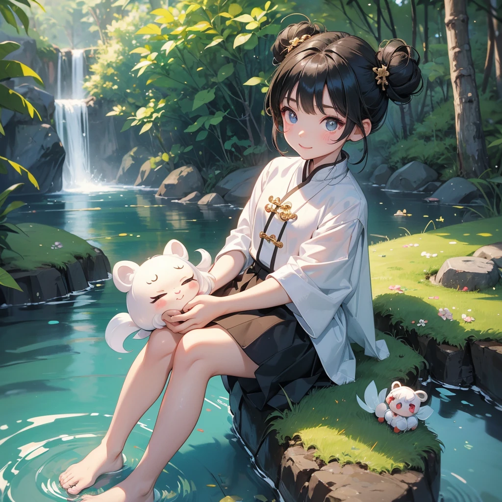 A chibi child girl had a small face and Wearing white little Taoist priest's outfit. A pair of big round eyes shone with curiosity about him. This child was so cute,her hair is black with two buns on her hair.small chibi, chibi baby, smiling ,Chibi.
Sitting fishing next to a green stream, a blue river full of fish. flowing slowly
