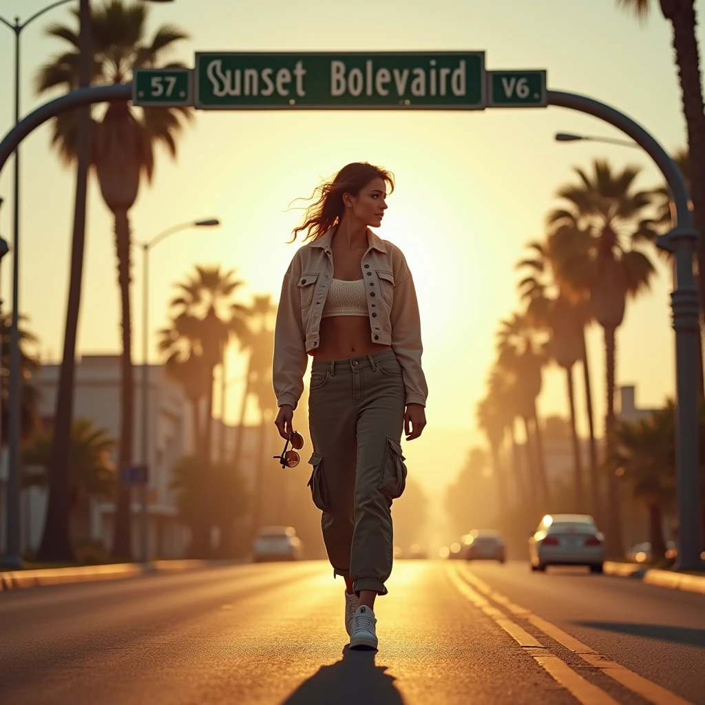 A 1 woman walking down Sunset Boulevard, wearing a cropped jacket and baggy cargo pants, with sneakers. She casually looks over her shoulder, holding a pair of sunglasses in one hand. The background captures the iconic Sunset Boulevard sign, with a slight lens flare effect, giving a cinematic feel to the photo."