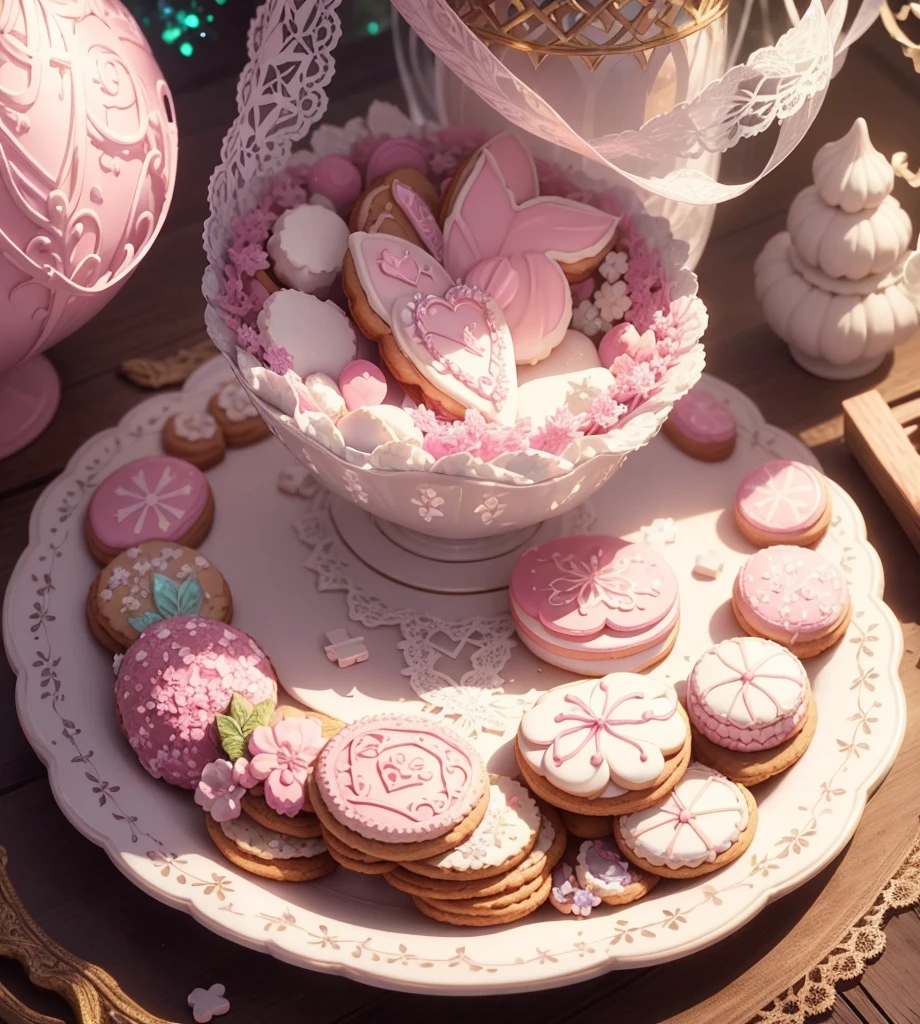 Create gorgeous handmade cookies that fit together like a puzzle in the forest Candy Castle Fairy World chocolate A soft light shines through Delicate lace and ribbon Light color gem lame Photon Mapping High Contrast Diamond particles antique The color is pink and white Cookie Puzzle cute Sparkling