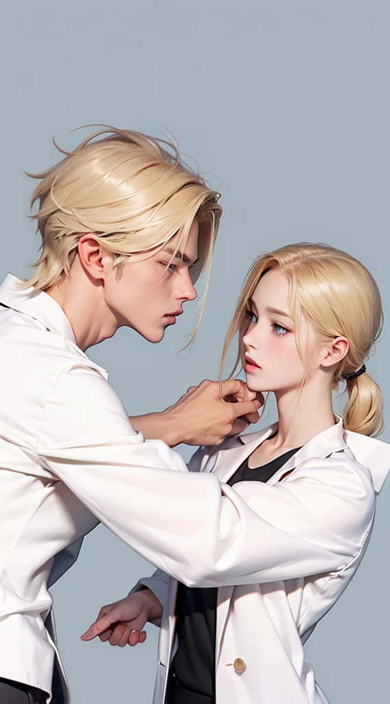 Upper Body,(一个帅气的blond欧美男子壁咚一个20岁的欧美女模特),blond,Ponytail,A boy,A girl,Boys wearing white shirts,Black suit pants,Girl wearing white coat,Black dress,(Blue Eyes:1.2),muscular,Caucasian ethnicity,Atmosphere,High Detail,Standing,The background is the laboratory