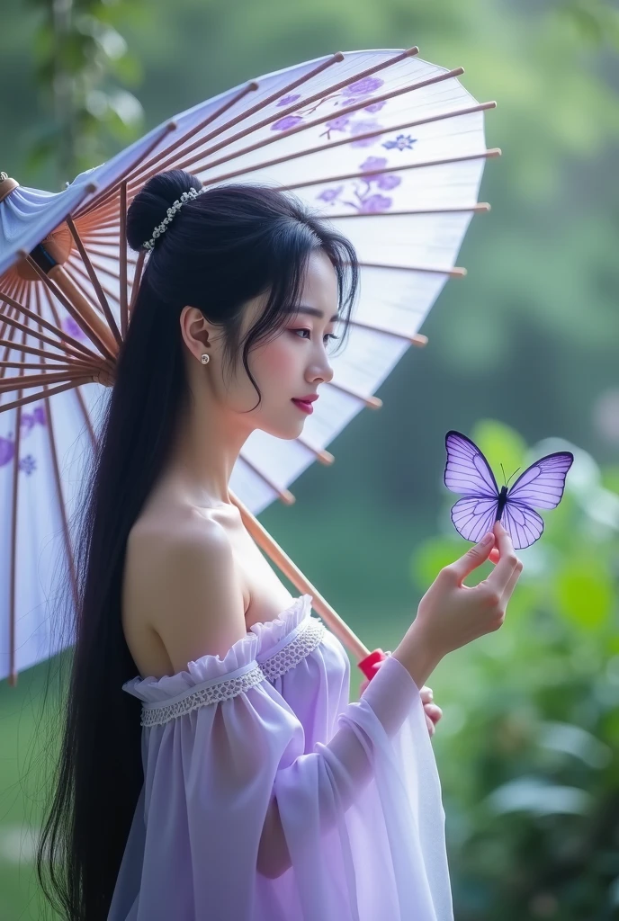 Bức ảnh này cho thấy một cô gái trẻ trong trang phục truyền thống Trung Quốc, have old style. She held a large umbrella decorated with a light purple floral pattern.. She has long black hair, tie one half and leave the other half loose, with a few small strands of hair falling across her face. Her outfit is mainly light purple., Delicate and sexy design with open shoulders and waist.
She is posing with a gentle purple butterfly perched on her finger., brings a sense of dreaminess and fantasy. The background of the photo is a lush green garden., hòa quyện với màu sắc nhẹ nhàng của trang phục và phụ kiện, create a poetic and peaceful scene.