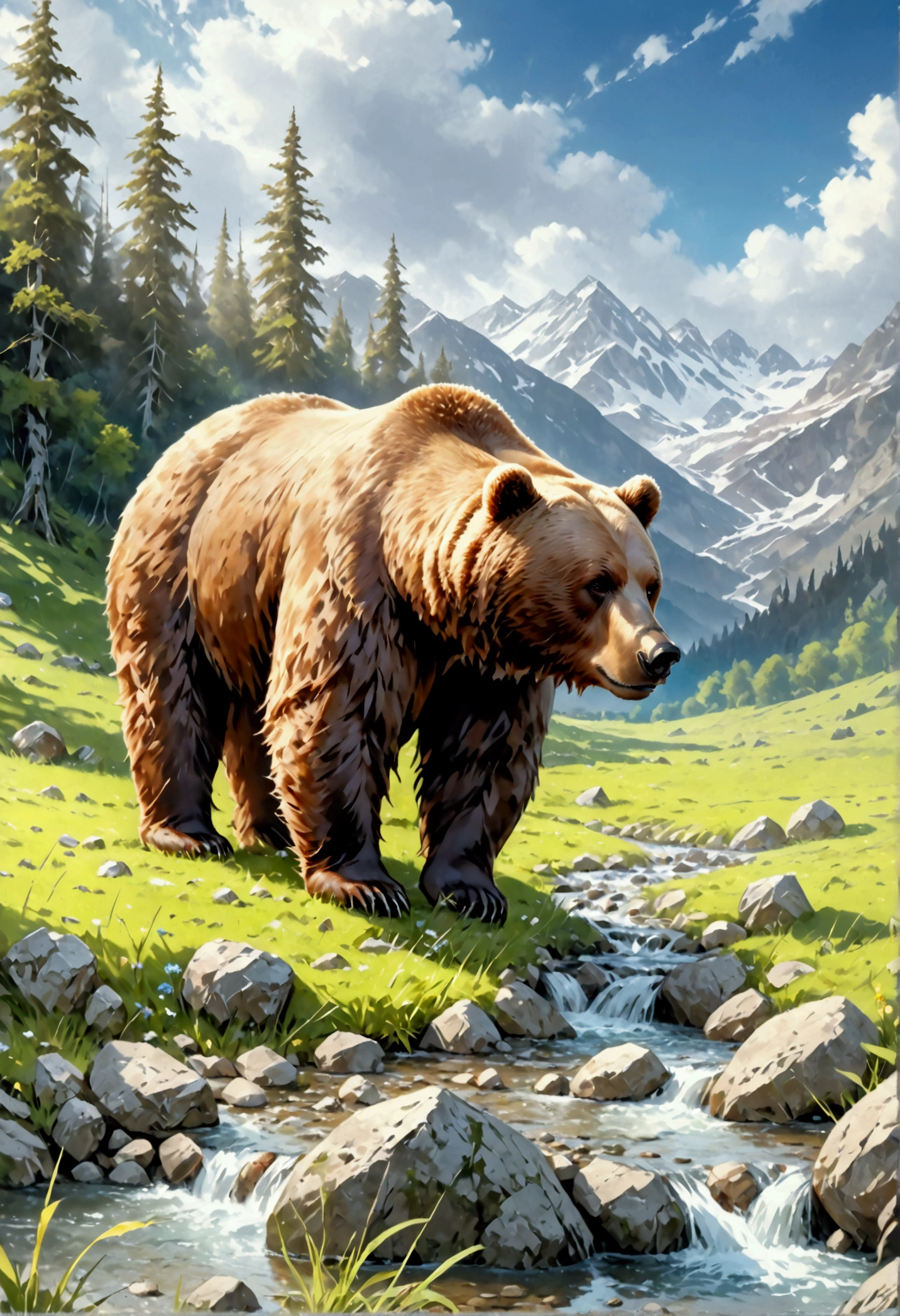 Arafed, an oil painting of a brown bear grazing in the meadows near a stream of water, wide shot, High Detail, Ultra High Quality, High Resolution, 16K Resolution, Ultra HD Pictures, Ultra Realistic, Clear Details, Realistic Detail, Ultra High Definition, oil pastel