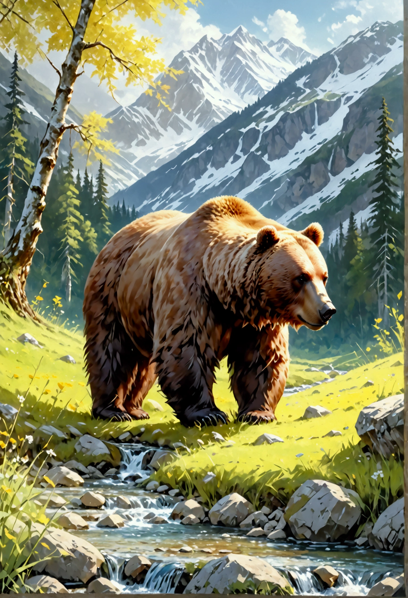 Arafed, an oil painting of a brown bear grazing in the meadows near a stream of water, wide shot, High Detail, Ultra High Quality, High Resolution, 16K Resolution, Ultra HD Pictures, Ultra Realistic, Clear Details, Realistic Detail, Ultra High Definition, oil pastel