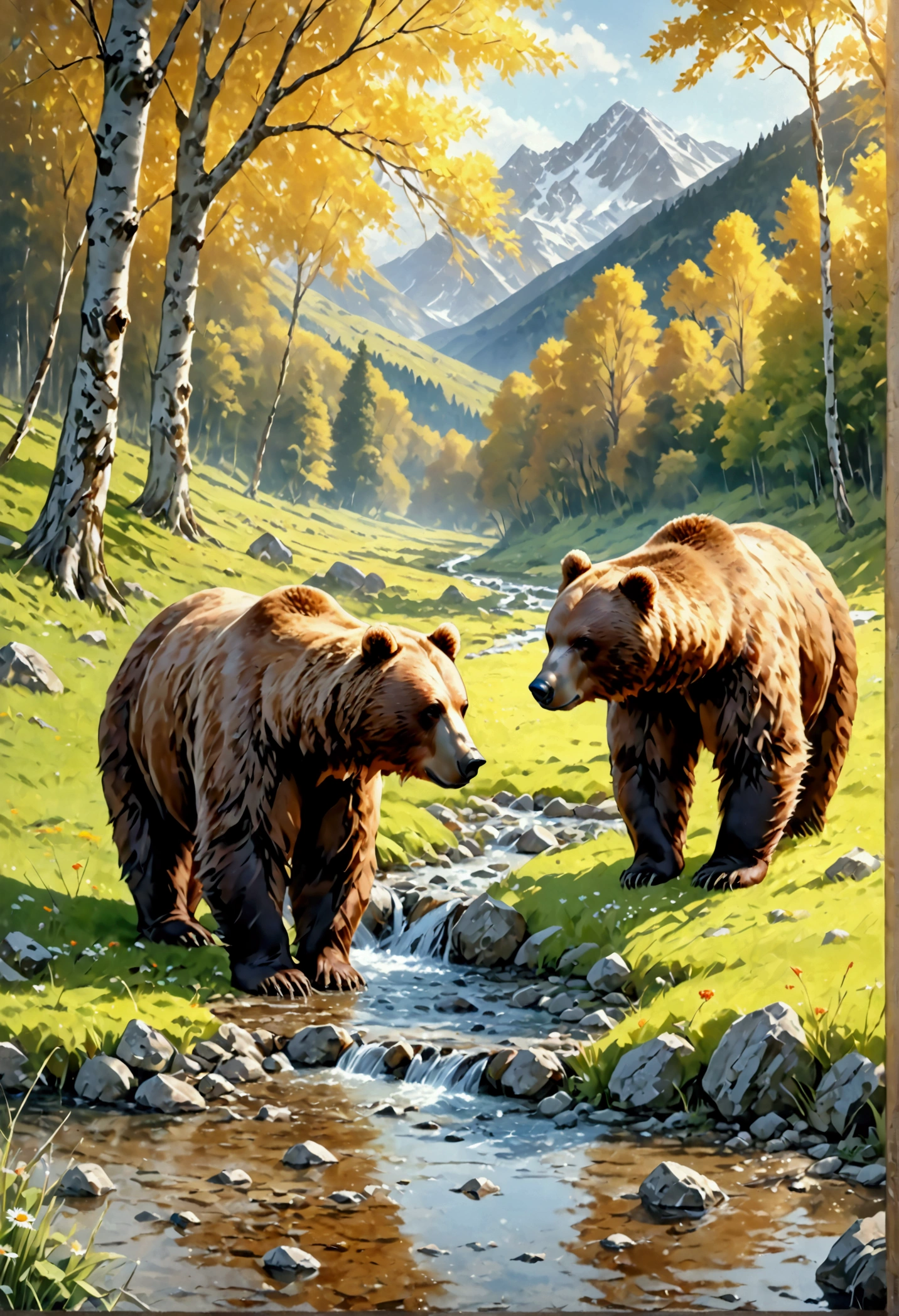 Arafed, an oil painting of a brown bear grazing in the meadows near a stream of water, wide shot, High Detail, Ultra High Quality, High Resolution, 16K Resolution, Ultra HD Pictures, Ultra Realistic, Clear Details, Realistic Detail, Ultra High Definition, oil pastel