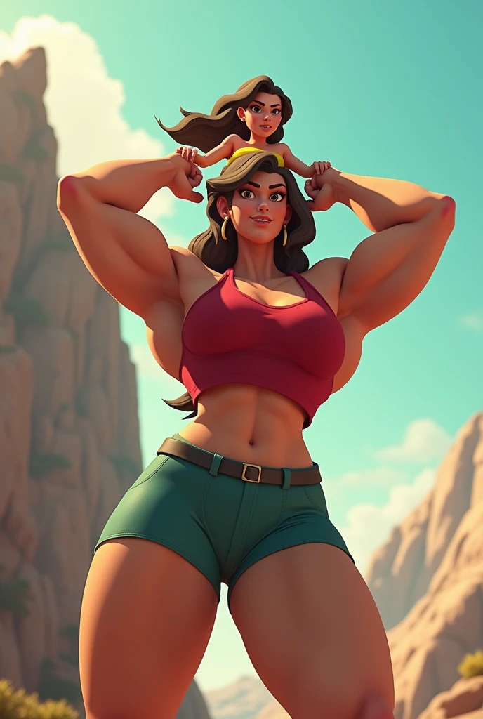 In cinematic 3D cartoon character styles
One of my most powerful and fat 3 woman with very strong biceps lifted the thin girl on her shoulders.